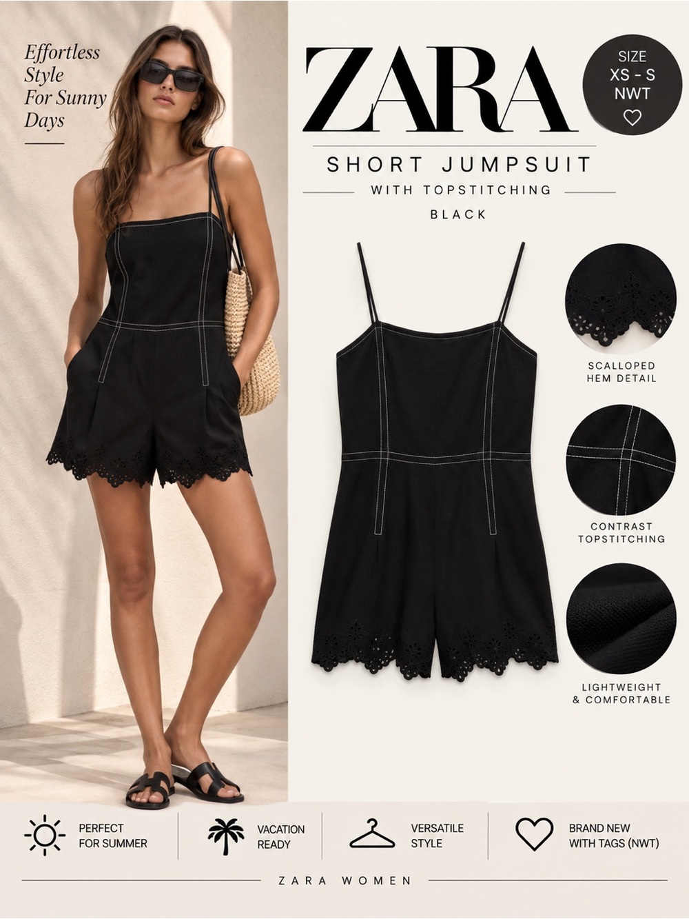 Zara Black Short Jumpsuit With Topstitching Size XS S NWT Strappy Rompe